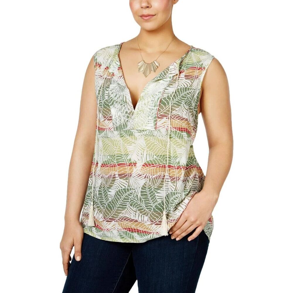 Nanette Lepore Tropical Embroidered Beaded Gauze Sleeveless Peasant Top Size 1X